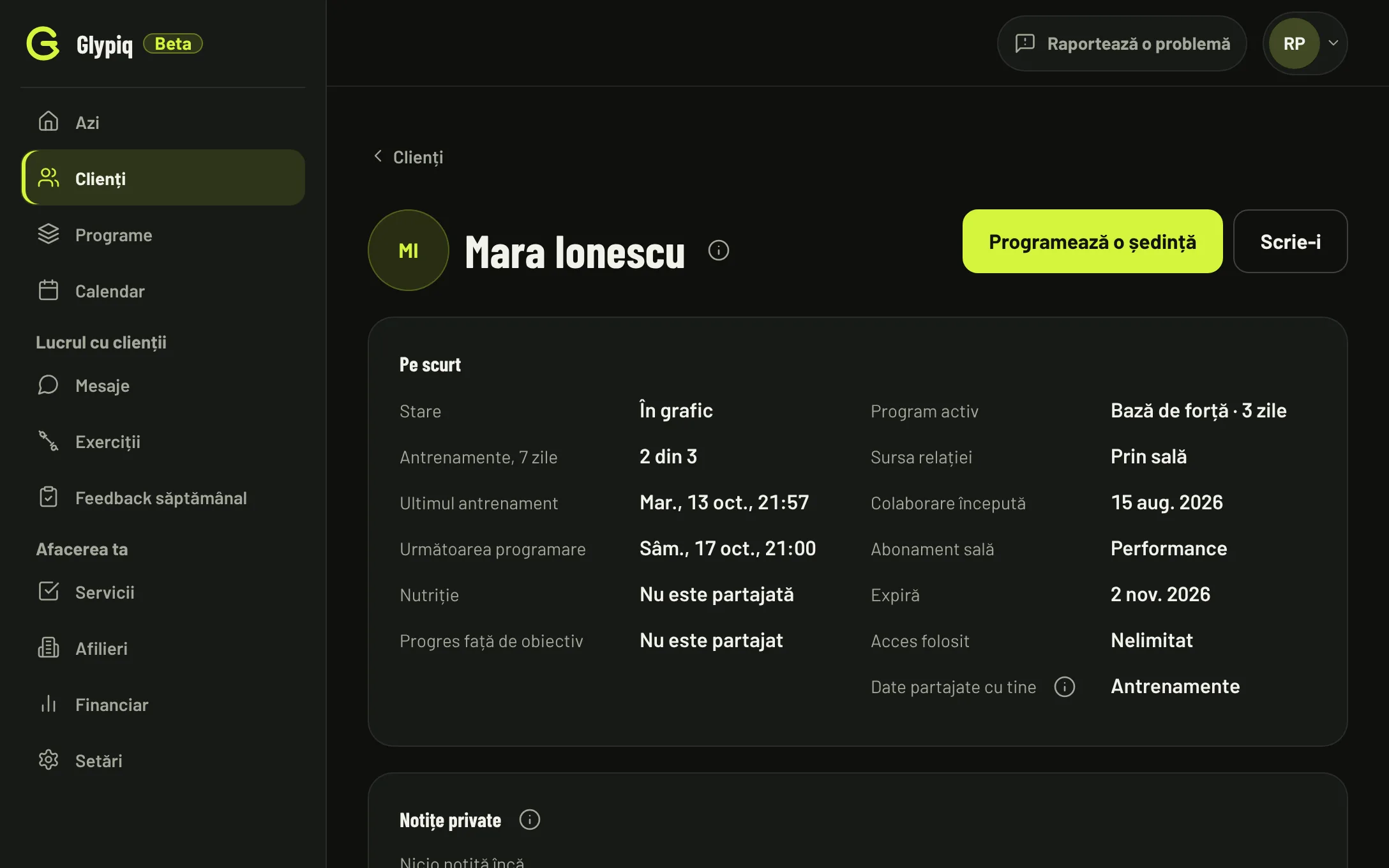 Fișa unui client, pe calculator
