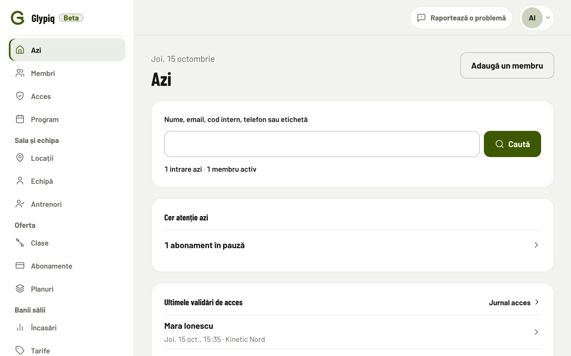 Ecranul Azi al sălii, pe calculator