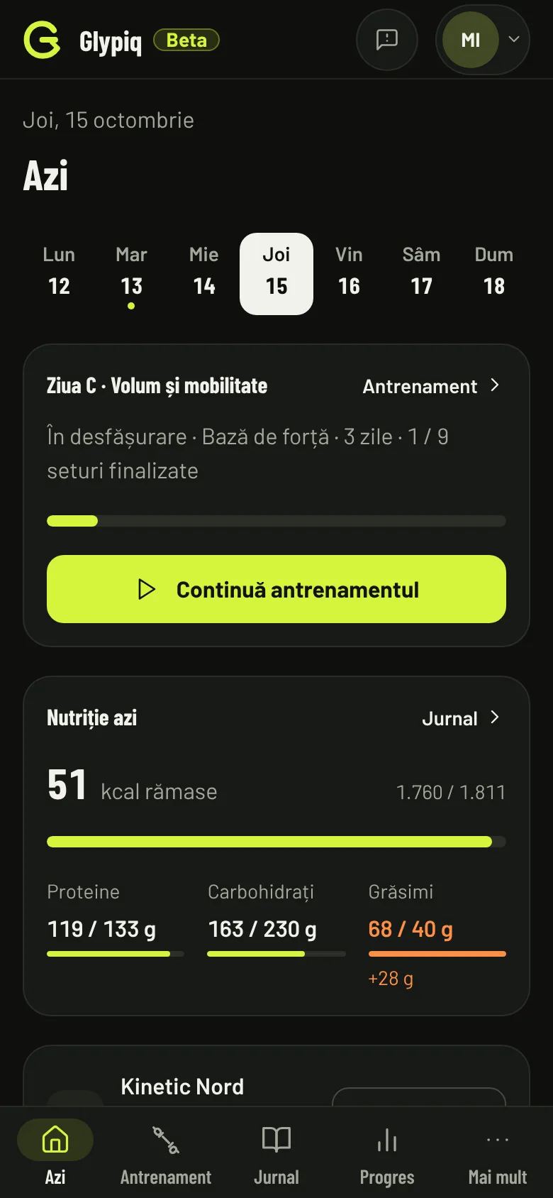 Glypiq pe telefon: ecranul Azi al membrului, cu antrenamentul zilei și caloriile rămase