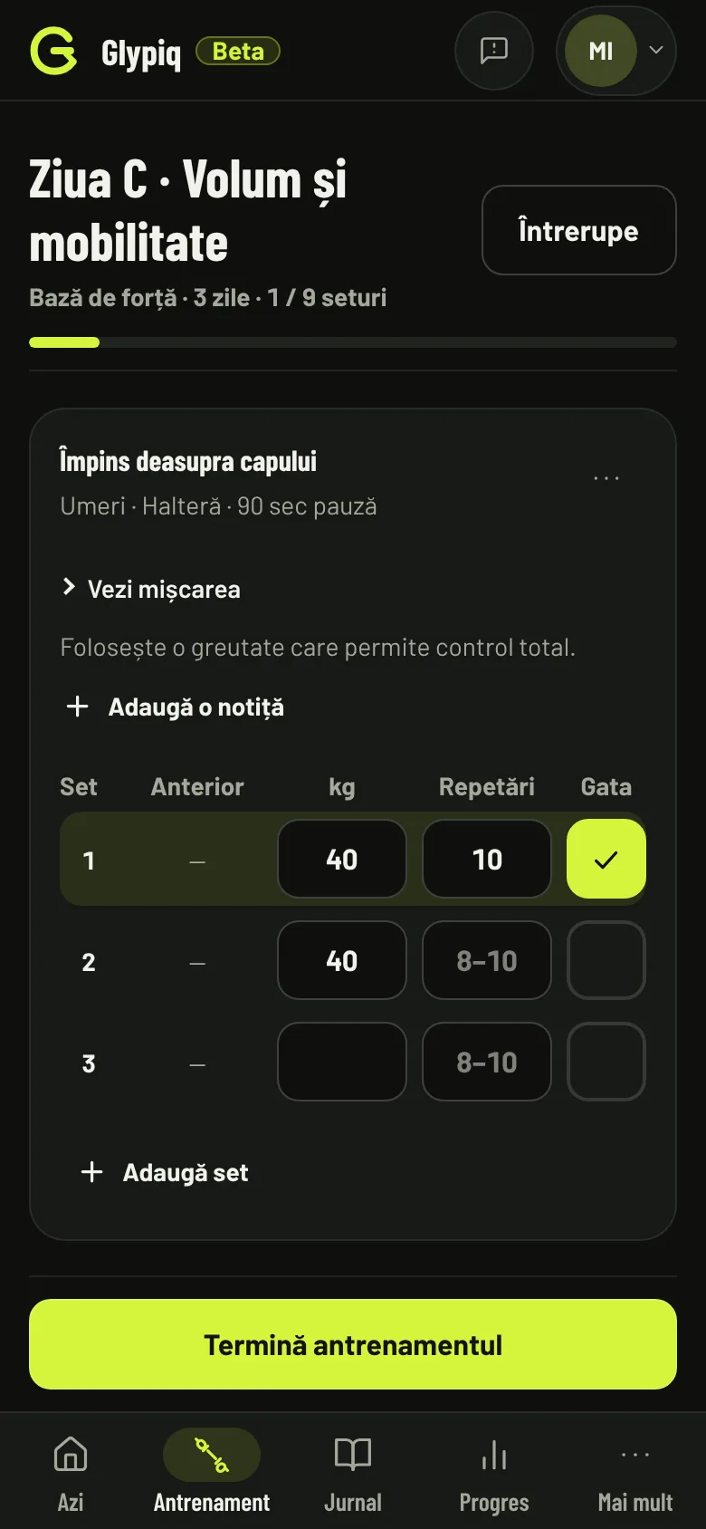 Antrenamentul în desfășurare