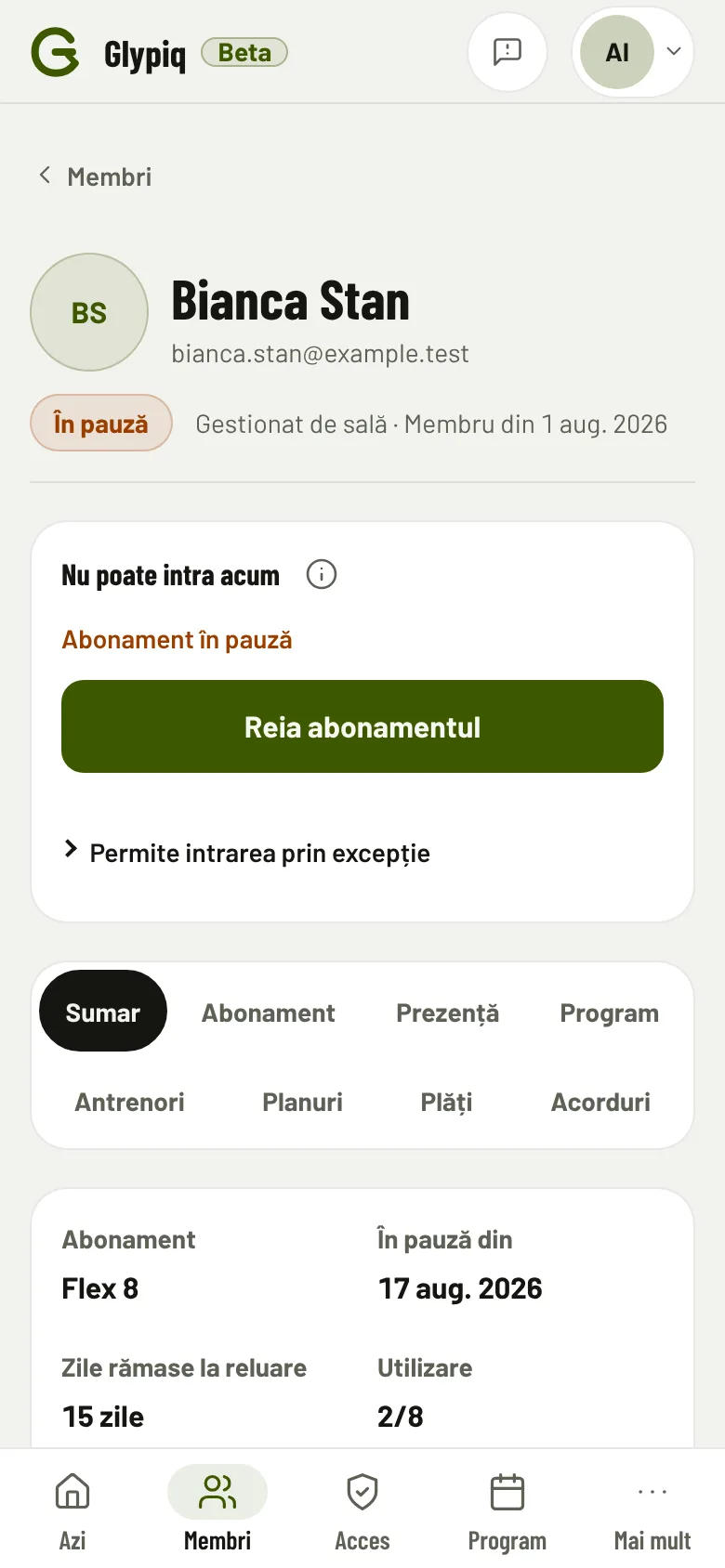 Dosarul unui membru la sală